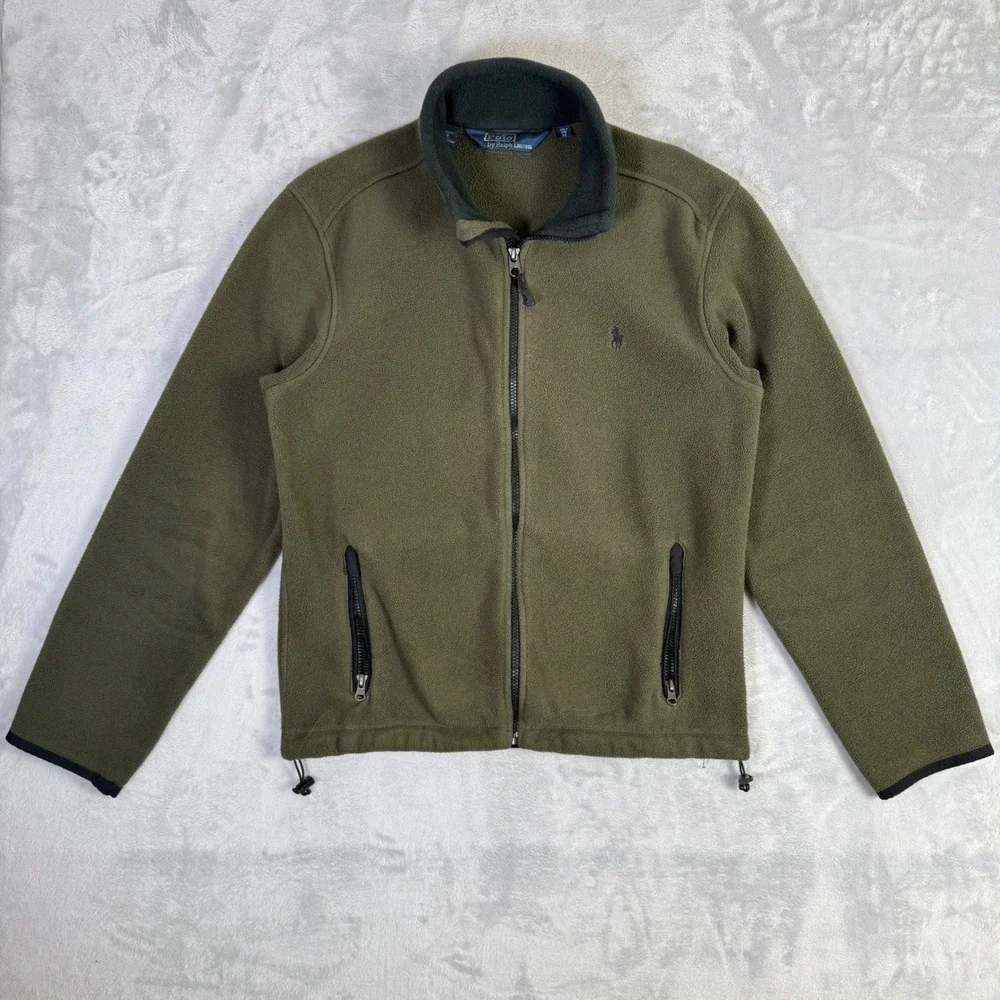 Polo Ralph Lauren Fleece Jacket Mens Medium Olive Green Full Zip Mock Neck Pony